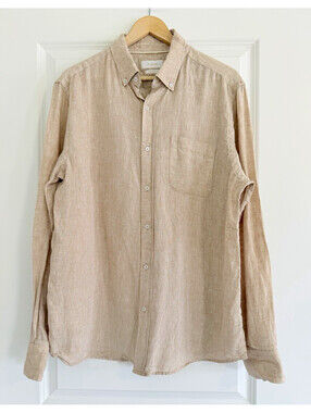 Porter & Ash Men's Beige Linen Tan Button-Down Shirt Long Sleeve XL Coastal Chic